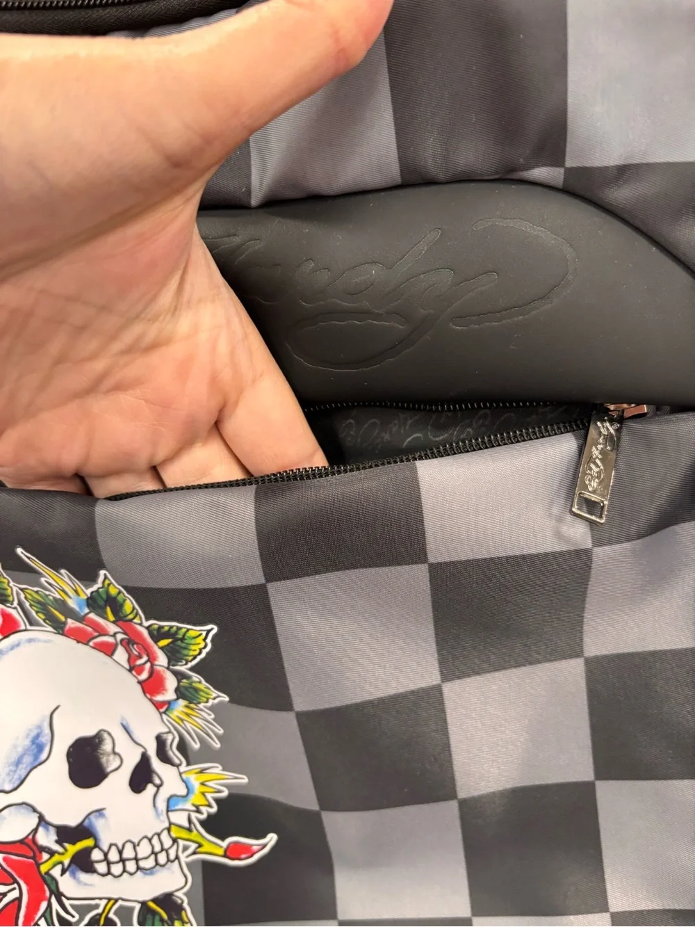 Ed Hardy Black and Gray Checkerboard Skull & Tiger Backpack